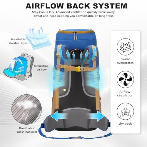 Bseash 65L Waterproof Hiking Camping Backpack with Rain Cover, Outdoor Sport Travel Daypack for Climbing Touring (Blue) - color: Blue