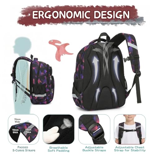 Cusangel kids Backpack for School Boys Girls 6-12ages,16in Bookbag Stitch,durable Water Resistant,7 Pockets, Adjustable Chest Strap,Reflective Strip,Large For Travel,Gifts(Black Purple) - color: Black Purple-17in