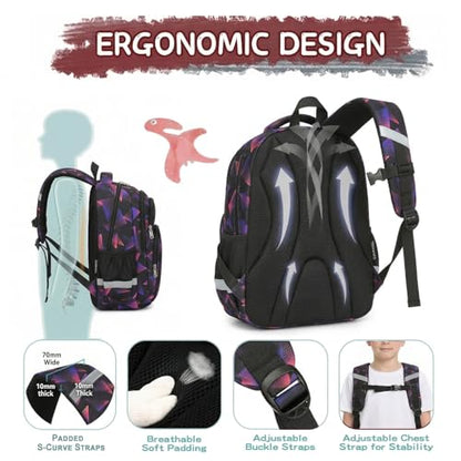 Cusangel kids Backpack for School Boys Girls 6-12ages,16in Bookbag Stitch,durable Water Resistant,7 Pockets, Adjustable Chest Strap,Reflective Strip,Large For Travel,Gifts(Black Purple) - color: Black Purple-17in
