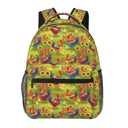 Casual Backpack Rooster Chicken Garden Flowers Painting, Lightweight Hiking Daypack with Water Bottle Holder for Travel - color: Pattern (271)