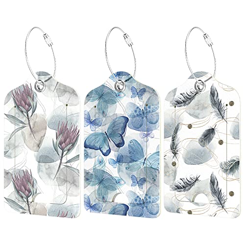 Rimilak 3 Pcs PU Leather Luggage Tags for Suitcase, Travel Cruise Luggage Tag with Privacy Flap, Name ID Label and Metal Loop for Women Men Baggage Handbag School Bag Backpack, Butterfly Feather - color: Butterfly Feather