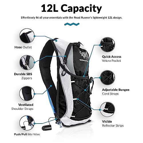 Water Buffalo Hydration Backpack - Lightweight Hydration Pack with 2L Water Bladder - Water Backpack for Hiking, Running, Biking, and Raves - Road Runner 12L Hydropack Backpack - color: Black