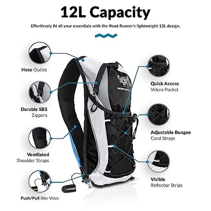 Water Buffalo Hydration Backpack - Lightweight Hydration Pack with 2L Water Bladder - Water Backpack for Hiking, Running, Biking, and Raves - Road Runner 12L Hydropack Backpack - color: Black