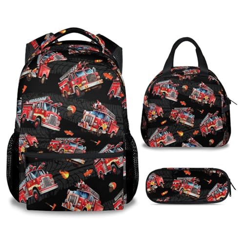 Toddler Boy Backpack Set - Fire Truck Backpacks for Kids - 3Pcs Toddler Bookbag with Lunch Bag and Pencil Pouch - Boys School Bag for Kindergarten/Preschool/Elementary (17 Inch) - color: Red
