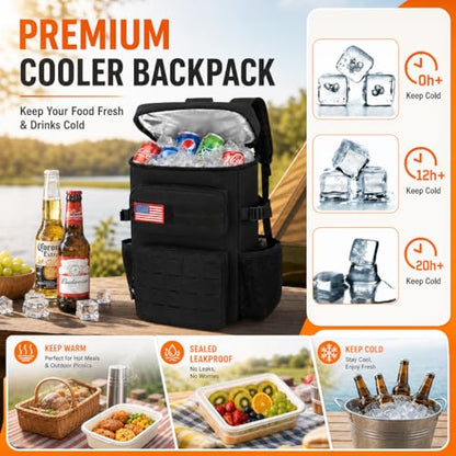 25L Extra Large Tactical Cooler Backpack, Soft Lightweight Insulated Lunch Box for Men, 38 Can Leakproof Cooler Bag Keeps Hot Cold up to 20H for Camping, Hiking, Beach, Work, Black