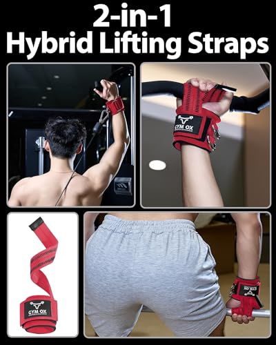 2-in-1 Weight Lifting Straps with D Ring, 7mm Neoprene Padded Wrist Support for Men & Women, Heavy Duty Gym Wrist Straps & Cable Machine Attachment for Gym, Powerlifting, Rows, Pull-ups - color: Red