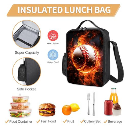 3PCS Boys Backpack, Kids Back To School Backpack with Lunch Box Pencil Case Set, Cool Baseball Backpack for Boys Teens, 17" Schoolbag Bookbag for Elementary Middle High School Students - color: Fire Baseball