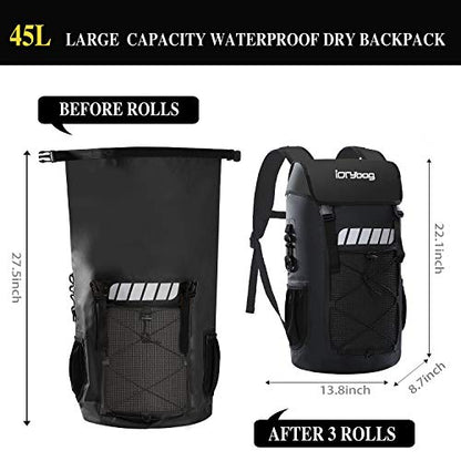 IDRYBAG Waterproof Backpack for Men 25L/45L, Dry Bags Kayak, Dry Backpack Camping Hiking - color: Black, size: 45L