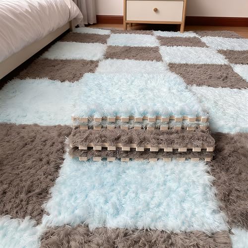 Thickened Plush Foam Interlocking Floor Carpet Mat, 24 Piece 12x12in Fluffy Square Puzzle Foam Carpet Tiles with Edgings, Soft Anti-Slip Shaggy Area Rug Playmat (Dark Curry+Blue) - color: Dark Curry+blue