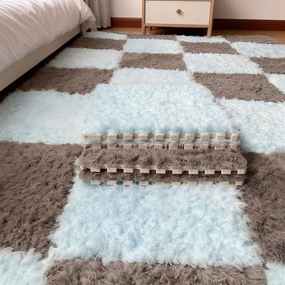 Thickened Plush Foam Interlocking Floor Carpet Mat, 24 Piece 12x12in Fluffy Square Puzzle Foam Carpet Tiles with Edgings, Soft Anti-Slip Shaggy Area Rug Playmat (Dark Curry+Blue) - color: Dark Curry+blue