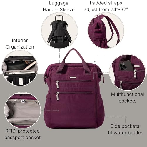 Baggallini City Scape Backpack - 15"x11" Lightweight Work Travel Bag w/Luggage Sleeve & RFID - color: Mulberry