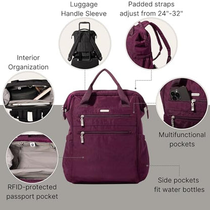 Baggallini City Scape Backpack - 15"x11" Lightweight Work Travel Bag w/Luggage Sleeve & RFID - color: Mulberry