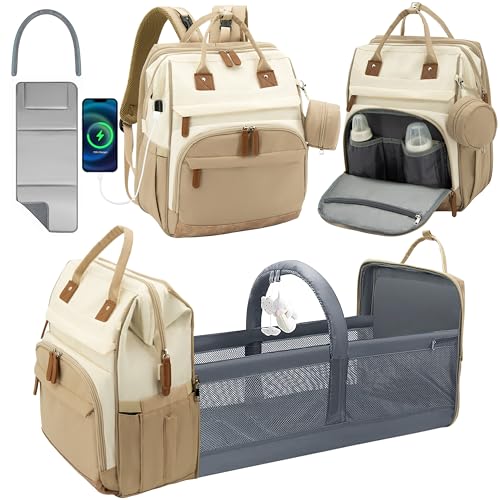 DERJUNSTAR Large Diaper Bag Backpack | Insulated Bottle Holders, USB Charging Port, Travel Design, For Mom & Dad - color: Beige/Khaki
