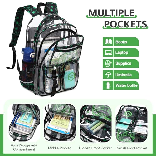 DIGOBAY 3PCS Cool Luminous Clear Backpack for Boys Kids, Gamer Clear Bookbag for School, See Through PVC Transparent Backpacks with Lunch Bag Pencil Case, Backpack Heavy Duty for School Stadium - color: Green