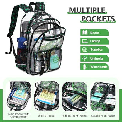 DIGOBAY 3PCS Cool Luminous Clear Backpack for Boys Kids, Gamer Clear Bookbag for School, See Through PVC Transparent Backpacks with Lunch Bag Pencil Case, Backpack Heavy Duty for School Stadium - color: Green