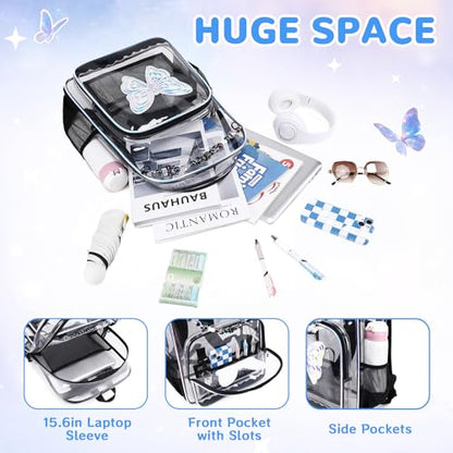MUSEVOS Clear Backpack, Heavy Duty Clear Bookbag for School PVC Transparent Backpack for Kids Girls Women, Black Butterfly - color: Black