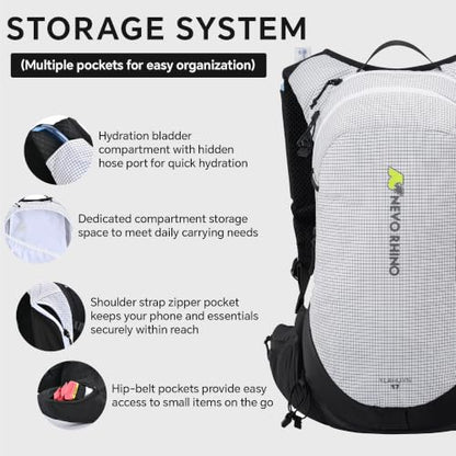N NEVO RHINO 17L Hydration Backpack with 500ml/17oz Soft Flask for Men & Women, Lightweight Hiking Backpack, Water Backpack for Hiking, Camping, Traveling - color: White