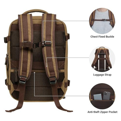 KAUKKO Thick Canvas Travel Backpack, Flight Approved Carry On Backpack with Shoe Pouch and 15.6 inch Laptop Compartment, 40L Luggage Casual Daypack Weekender Bag 10-KHAKI - color: 10-khaki
