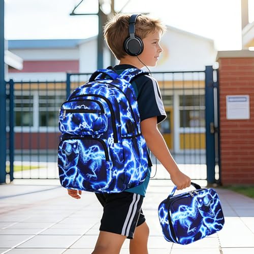 Bevalsa Backpack for Boys, Lightning School Bags with Lunch Bag & Pen Case for Kids, Bookbag for Boys Teens Elementary Middle High School - color: Blue Dinosaur