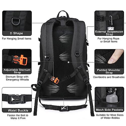 40L/50L Expandable Hiking Backpack for Men and Women, Travel Camping Backpack Flight Approved - color: 40l+10l Black