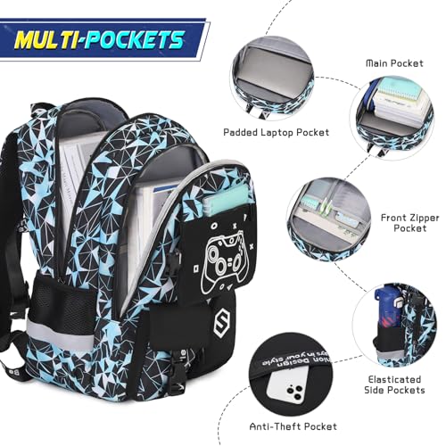Scothen Boys Backpack, Cool Luminous School Backpack with Lunch Bag Pencil Case, Kids Backpack Kindergarten Elementary Middle School Book Bags for Teen Boys Children with USB Charging Port - color: Blue Graffiti