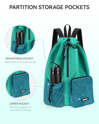 WANDF Swim Bag for Swimmers, Mesh Beach Backpack - color: Turquoise With 2 Front Pockets, size: Large