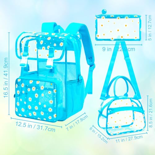 3Pcs Clear Backpack for Girls, School Kids Transparent Bookbag Set, 17" Daisy Stadium Approved See Through Backpack with Lunch Box (Blue) - color: Blue Daisy01