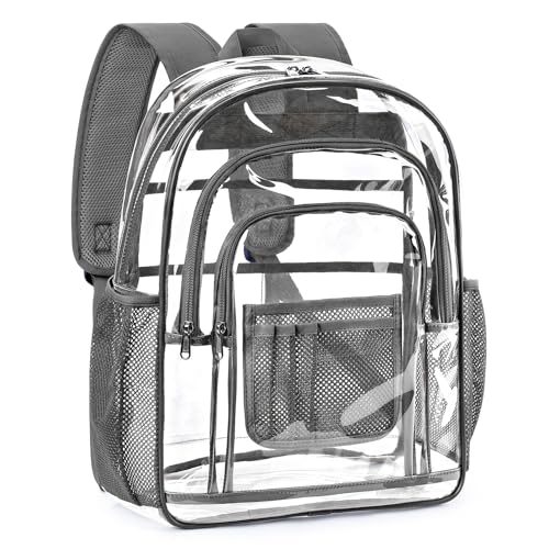 ZORFIN Clear Backpack Heavy Duty for School & Work – 17in Transparent PVC Bag with Large Capacity & Reinforced Straps – See Through Bookbag for Men, Women, Boys & Girls, Workplace Security - Grey - color: Gray, size: Medium