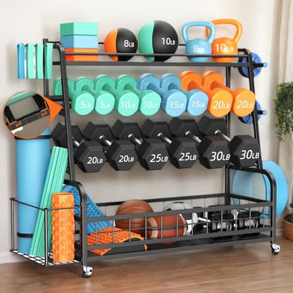 4-Tier Dumbbell Rack Weight Stand - Adjustable Weight Rack,Home Gym Storage for Dumbbells Kettlebells Yoga Mat and Balls, All in One Workout Storage with Wheels and Hooks,Powder Coated Finish Steel