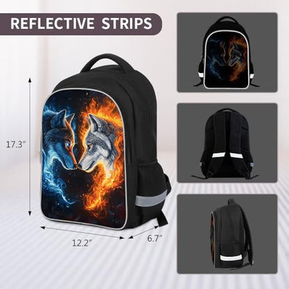 HiMagics Aesthetic School Backpack 3-in-1 Set for Kindergarten Teen Girls Boys - Laptop Bookbag with Insulated Lunch Box & Pencil Case Wolf Pattern - color: A04-wolf-set
