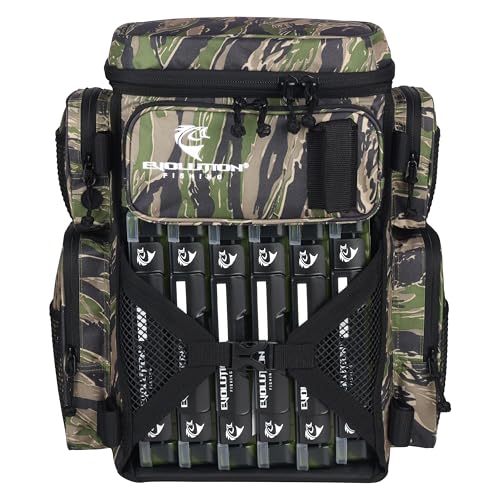 Evolution Fishing Drift Series Tackle Backpack, Outdoor Rucksack w/ 6 Fishing Tackle Trays, Heavy Duty - color: Tiger Stripe, size: 3600