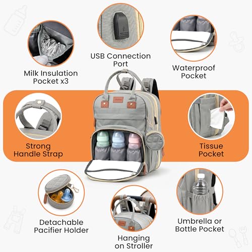 Diaper Bag Backpack with Changing Station | 600D Oxford Waterproof Baby Bag for Mom & Dad | Large Baby Diaper Bag Boy Girl | 16 Pockets, USB Charging Port, Foldable Pad - color: Grey