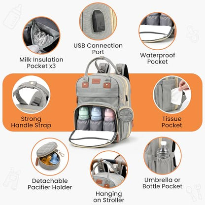 Diaper Bag Backpack with Changing Station | 600D Oxford Waterproof Baby Bag for Mom & Dad | Large Baby Diaper Bag Boy Girl | 16 Pockets, USB Charging Port, Foldable Pad - color: Grey