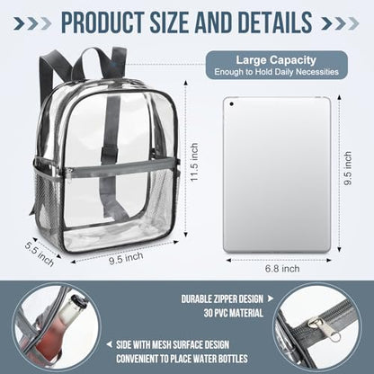 Sweetude 6 Pcs Clear Backpack bulk 11.4 x 9.5 x 5.1 Inch Bag Stadium Approved Plastic Transparent Backpack with 2 Water Holders (Gray) - color: Gray