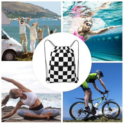 Checkerboard Drawstring Bags, Outdoor Sports Black White Race Cinch String Bag, Waterproof Gym Drawstring Backpack, Men Women Large Capacity Cinch Sackpack with Zippered Pocket - color: Checkerboard