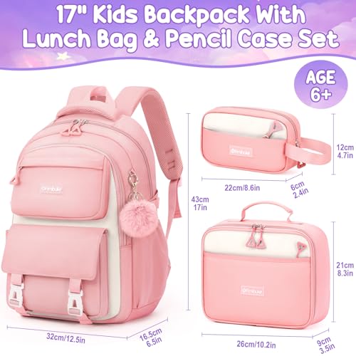 Fimibuke Backpacks for Girls, 3 PCS Waterproof School Backpack with Lunch Box & Pencil Pouch for Kids Teen Girl, Cute Bookbag School Bag for Elementary Middle High School Student Ages 6+(Pink) - color: Pink