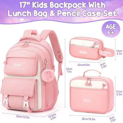 Fimibuke Backpacks for Girls, 3 PCS Waterproof School Backpack with Lunch Box & Pencil Pouch for Kids Teen Girl, Cute Bookbag School Bag for Elementary Middle High School Student Ages 6+(Pink) - color: Pink