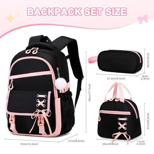 Scothen 3PCS Girls Backpack for School, Kids Backpack for Girls with Lunch Bag Pencil Case, Kids Bookbag Teen Backpacks for Elementary Middle High School (Black-Pink) - color: Black-pink