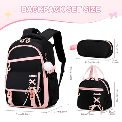 Scothen 3PCS Girls Backpack for School, Kids Backpack for Girls with Lunch Bag Pencil Case, Kids Bookbag Teen Backpacks for Elementary Middle High School (Black-Pink) - color: Black-pink