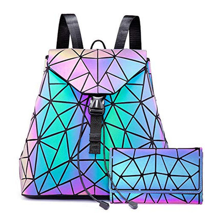 LOVEVOOK Geometric Luminous Purses and Handbags for Women Holographic Reflective Crossbody Bag Wallet - color: Backpack + Flapped Wallet