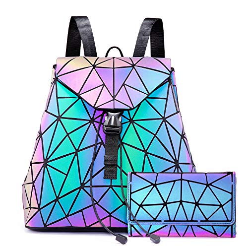 LOVEVOOK Geometric Luminous Purses and Handbags for Women Holographic Reflective Crossbody Bag Wallet - color: Backpack + Flapped Wallet