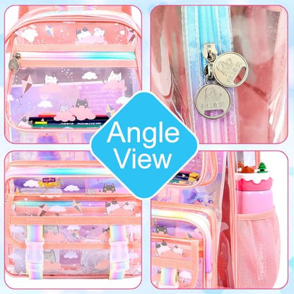 KLFVB Transparent Backpack Heavy Duty, 3PCS Girls See Through School Bag Set, Cute Clear Bookbag for Women - Cloud Cat Pink - color: Cloud Cat Pink Clear Backpack