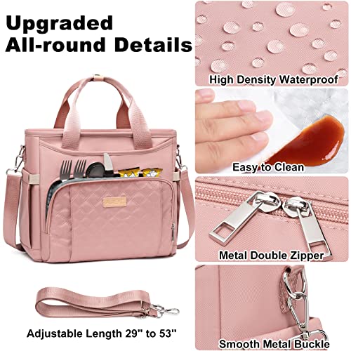 AIJIEKE Large Insulated Lunch Bag for Women, Leakproof Work Lunch Box Tote | Keeps food fresh 8-12 hours. Spacious multi-pocket design with a removable strap. Water-resistant and easy-wipe interior - color: Pink