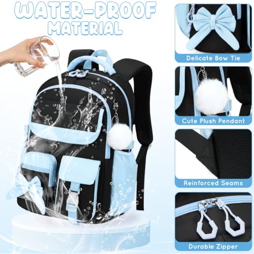 Kids Backpack for Girls, 3PCS School Backpack Set with Insulated Lunch Box & Pencil Case, Waterproof Lightweight Bookbag for Elementary & Middle School, Cute Bow Travel Daypack Black-Blue - color: Black-blue
