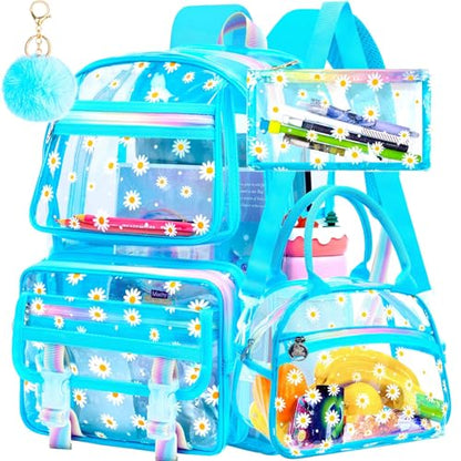 KLFVB Clear School Backpack Heavy Duty, 3PCS Girls See Through Bag Set, Cute Transparent Bookbag for Women - Chrysanthemum Sky Blue - color: Chrysanthemum Sky Blue Clear Backpack