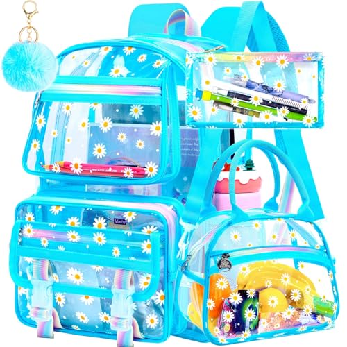 KLFVB Clear School Backpack Heavy Duty, 3PCS Girls See Through Bag Set, Cute Transparent Bookbag for Women - Chrysanthemum Sky Blue - color: Chrysanthemum Sky Blue Clear Backpack