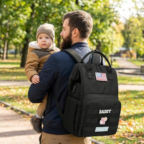 Diaper Bag Backpack for Dad and Mom with USB Charging Port Stroller Straps and Insulated Pocket,army military Travel Nappy Backpack for Daddy/Mommy (Black) - color: Black