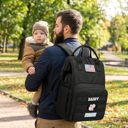 Diaper Bag Backpack for Dad and Mom with USB Charging Port Stroller Straps and Insulated Pocket,army military Travel Nappy Backpack for Daddy/Mommy (Black) - color: Black