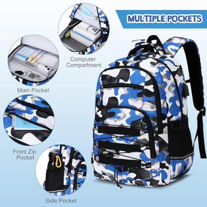 ACESAK Camo Backpack for Boys, Tactical Kids Backpack Boys, School Bags for Boy Children Teens Kids Elementary Middle High School, Military Bookbag and Lunch Bag Pencil Case Set with USB Charging Port - color: Blue White