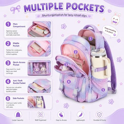 BTOOP Multi-Compartment Kids Backpack for Girls, 3PCS Cute Purple Bow School Backpack with Lunch Bag Pencil Case, Side Pocket Fits 40 oz Tumbler, Girls Bookbag for Elementary Middle School - color: Purple